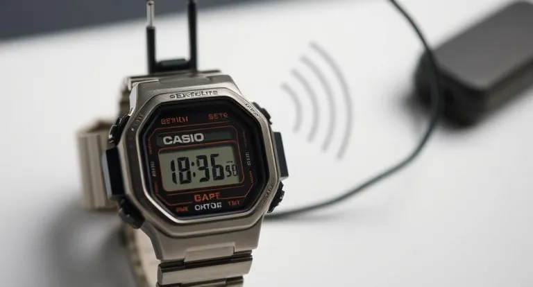 Eine digitale Casio Uhr an einem Handgelenk.